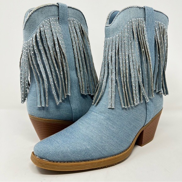 Sugar Light Blue Fringe Ankle Boots - Picture 2 of 11